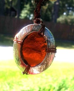 Copper Wrapped, Silver Framed, Amber Glass